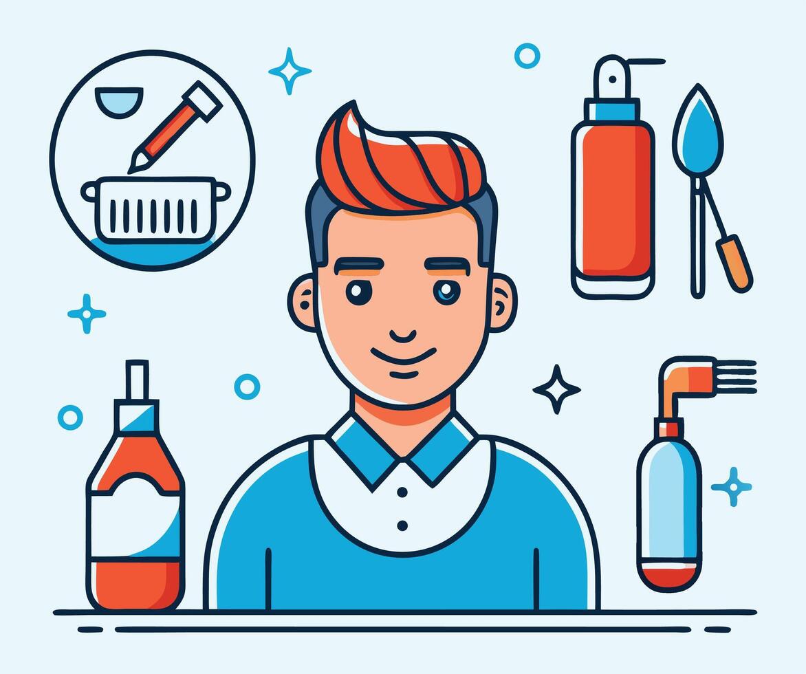 Smiling Asian male stylist stands amid the haircut tools and hair dye bottles transparent background vector