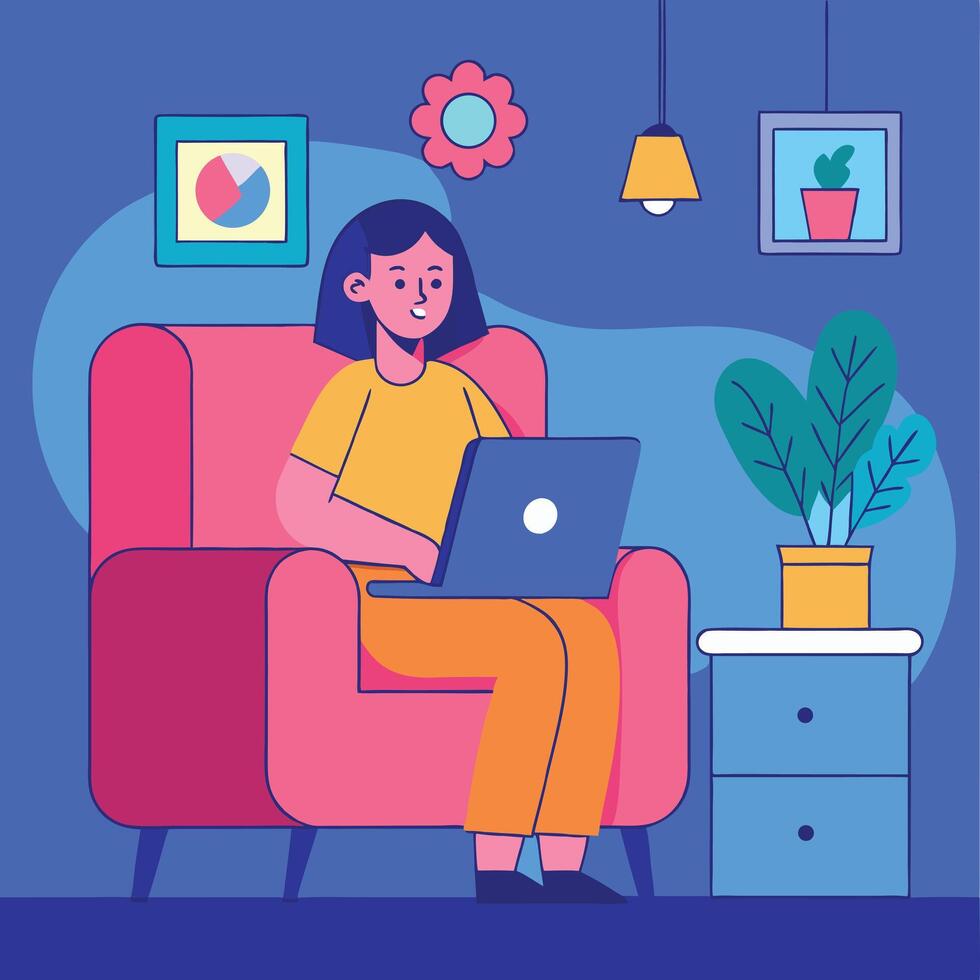 Smiling asian woman uses laptop while sitting in a pink chair indoors vector