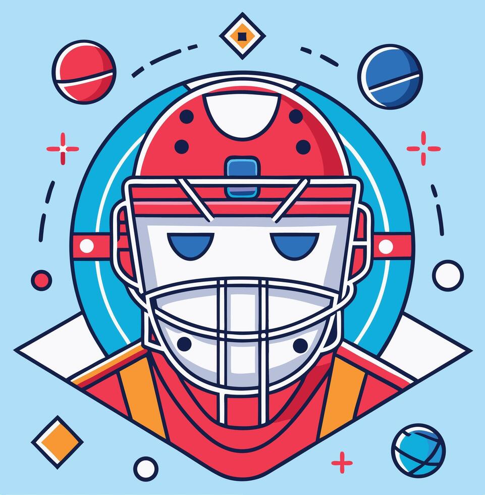 Geometric red helmet with white grill stands centrally on light blue background artfully vector