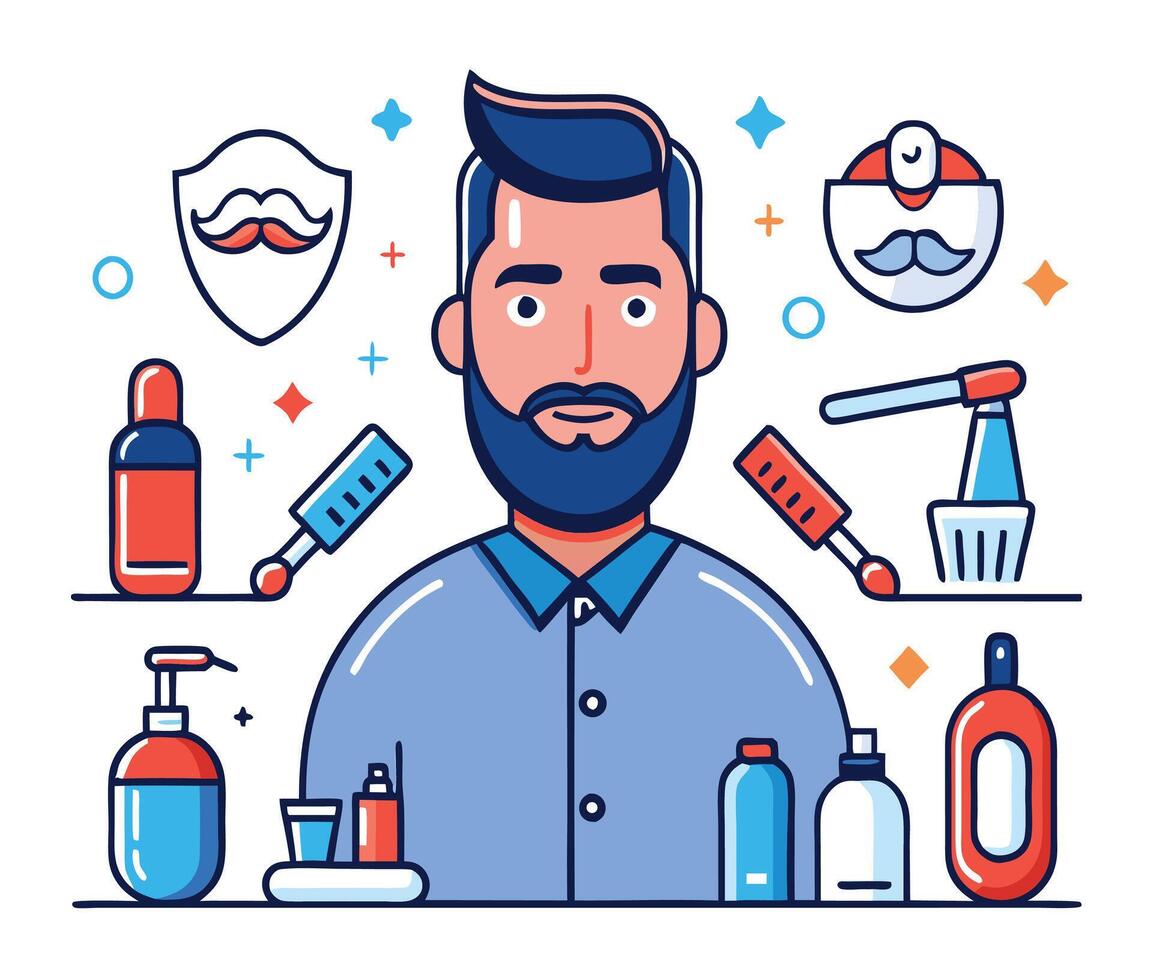 Bearded man stands amidst grooming tools and product bottles, presenting barbershop aesthetic vector