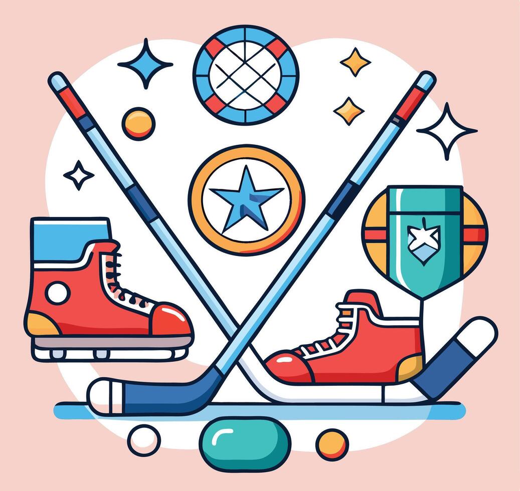 Crossed hockey sticks with skates and decorative circles create a sporty flat layout vector