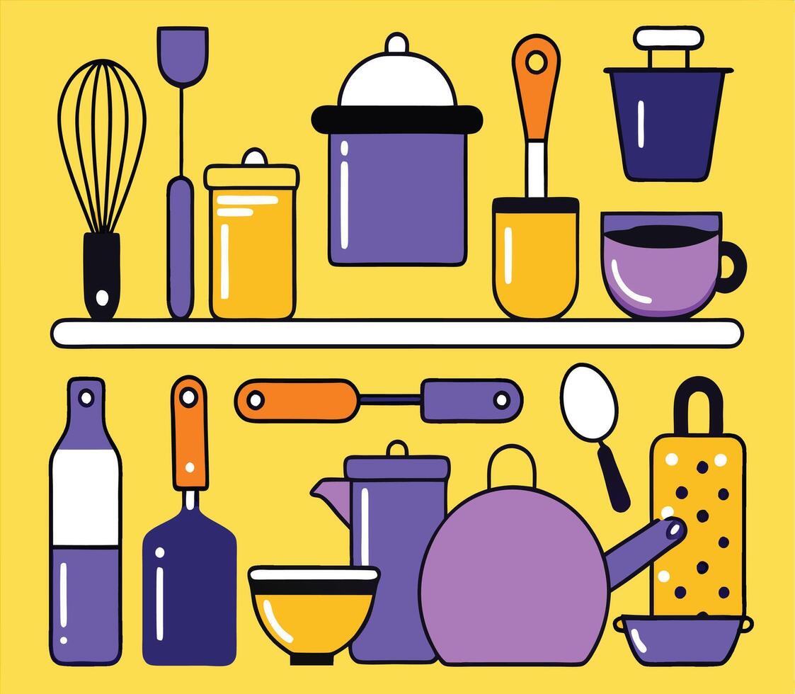 Kitchen tools are arranged on a shelf over a bright yellow background scene vector