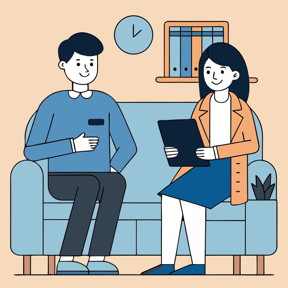 Smiling man consults an Asian female professional while sitting together on an apartment couch vector