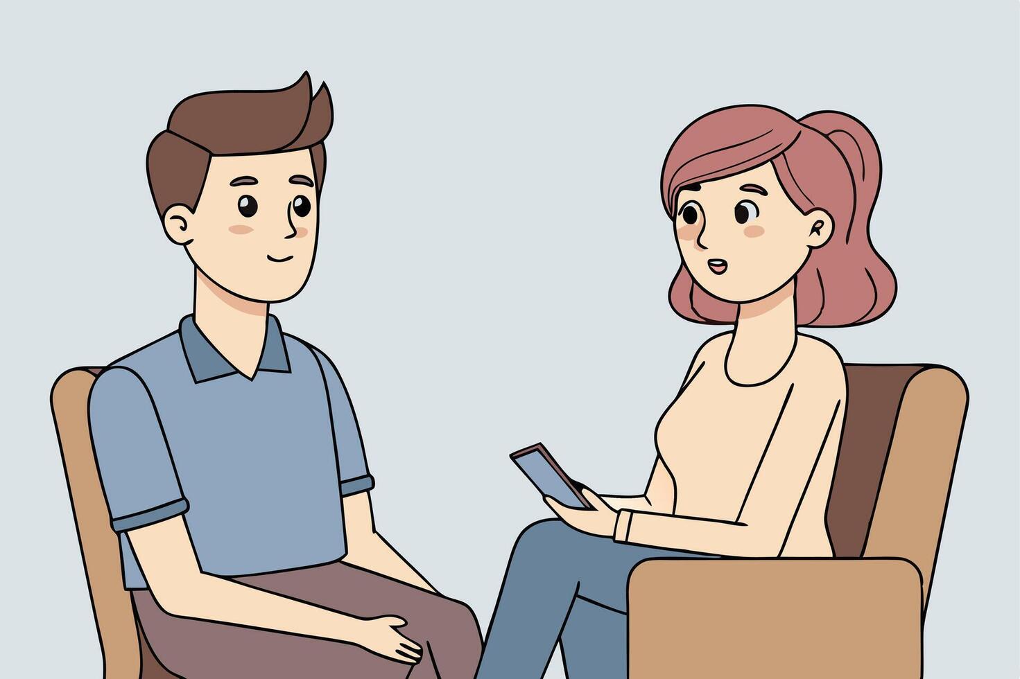 Cartoon man and woman sit facing each other while she looks surprised vector