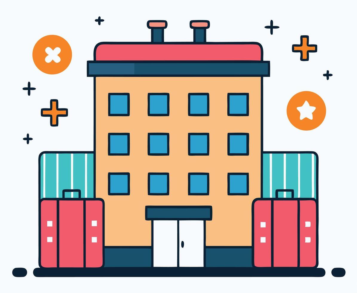 Colorful building with turquoise balconies and luggage outside has a transparent background vector