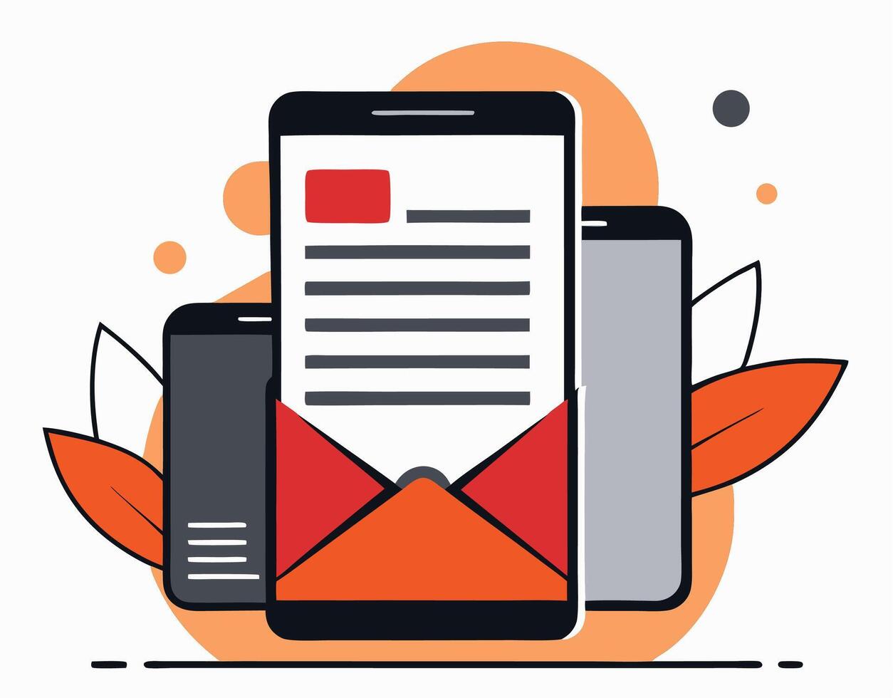 Opened envelope displays email messages on a smartphone with surrounding leaves, a transparent background vector