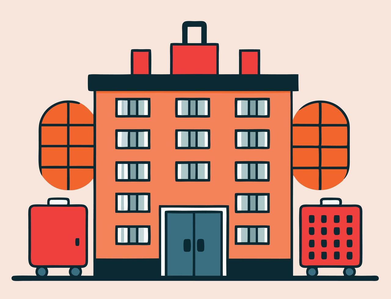 Whimsical cartoon apartment building with round windows and two rolling suitcases creates a playful image vector