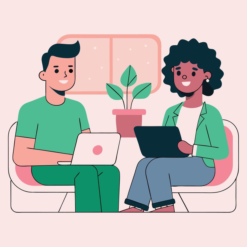 Smiling man and AfricanAmerican woman use laptops while sitting on stylized pink chairs indoors vector