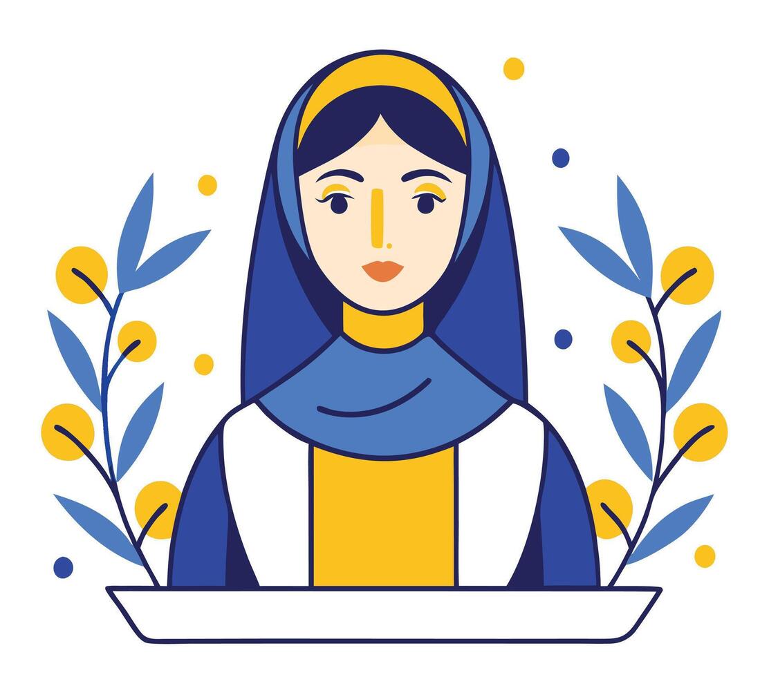 Illustrated woman wearing headscarf stands framed by blue leaves and yellow fruit vector