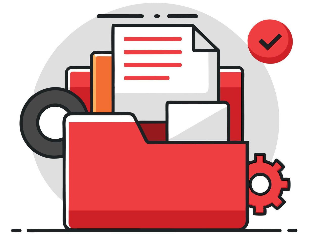 A red open folder contains document files and a gear near a checkmark icon vector