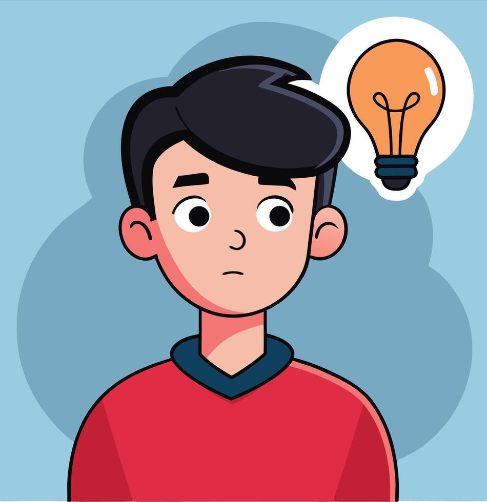 Asian man is thinking with a lightbulb coming from his head on blue background vector