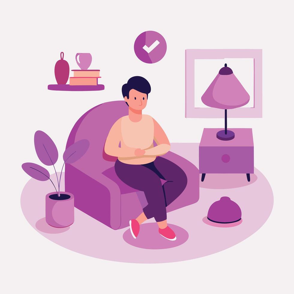 A stylish man relaxes in his purple chair at home, surrounded by matching decor vector