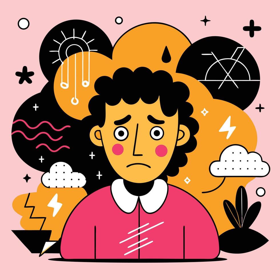 Sad person with dark curly hair looks unhappy amidst abstract black and gold shapes vector