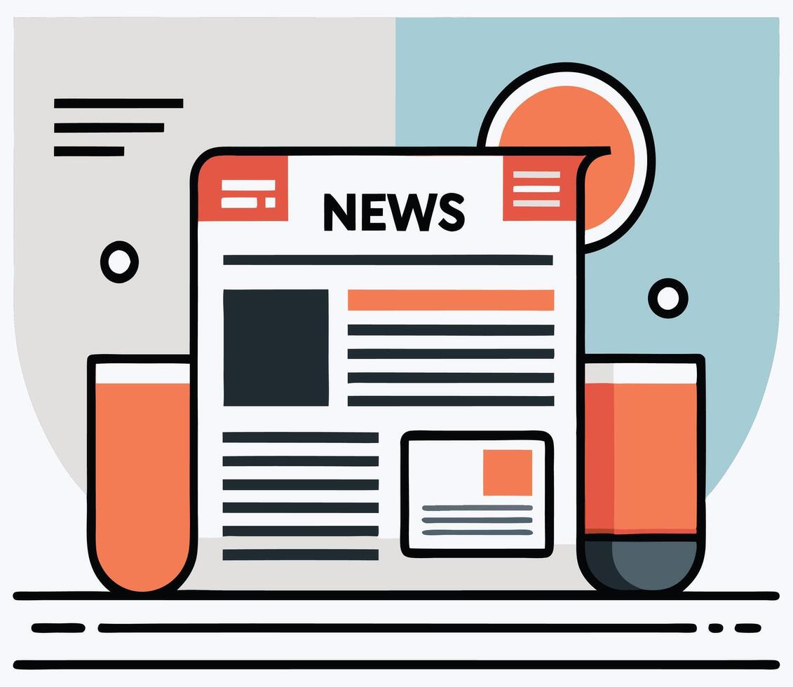 Newspaper displays the word news with orange accents surrounded by geometric shapes and lines vector