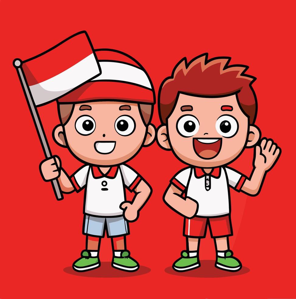 Cheerful cartoon boys happily celebrate with an Indonesian flag against a vibrant red background vector