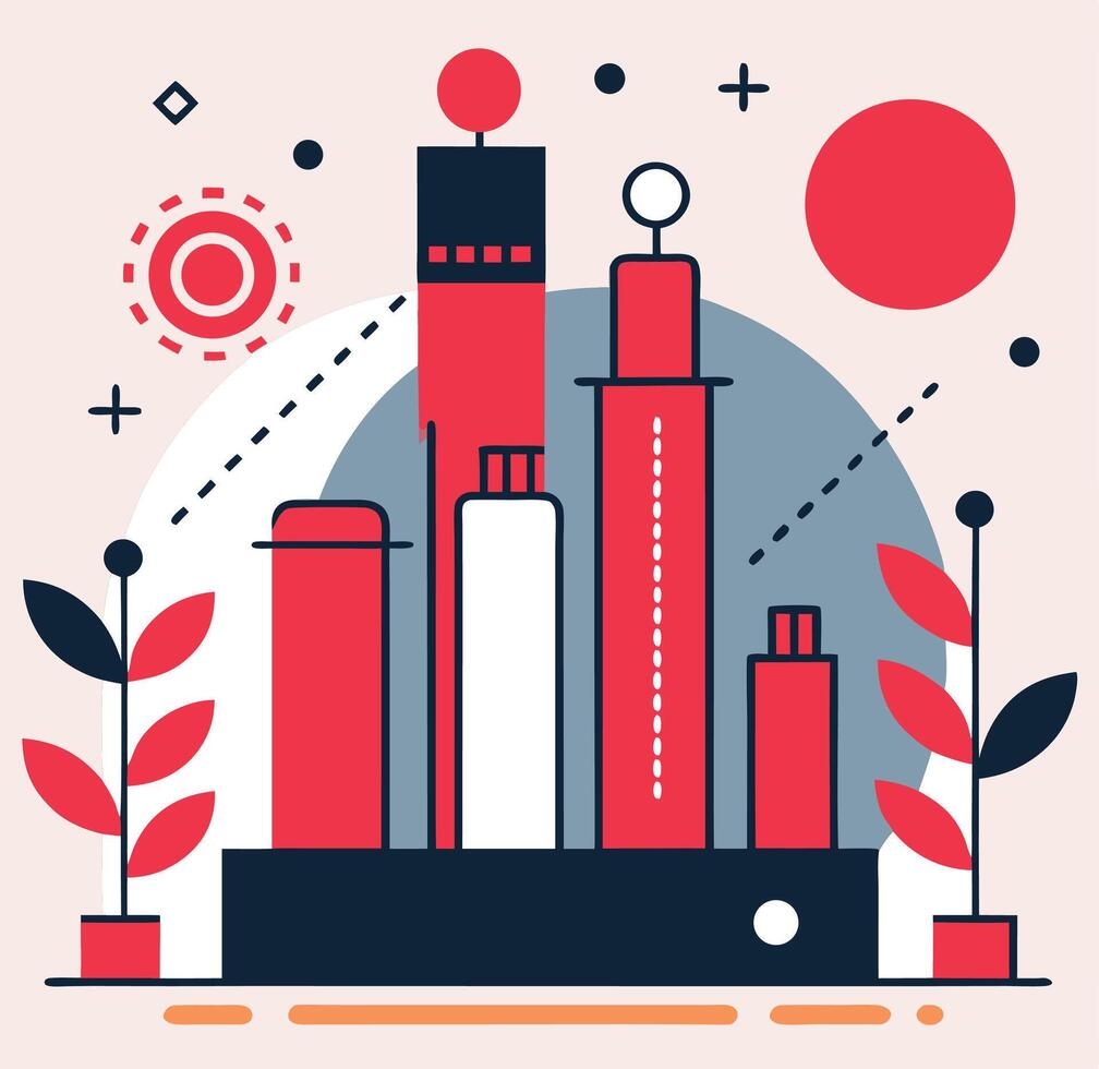 Red and black geometric shapes form an abstract landscape with plants in pots vector