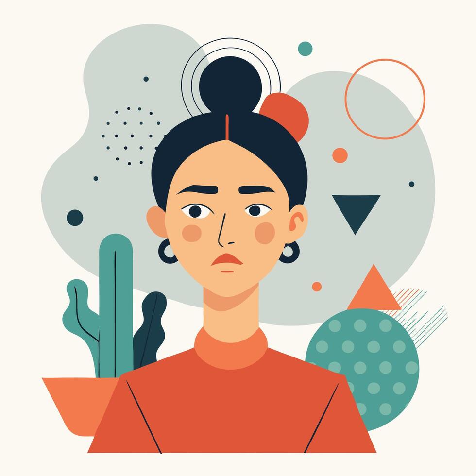 Stylish Asian woman's portrait features trendy geometric shapes and modern, flat aesthetic vector