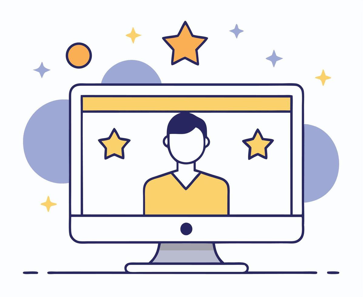 Monitor displays a person with star graphics against a white background, simple digital outline vector