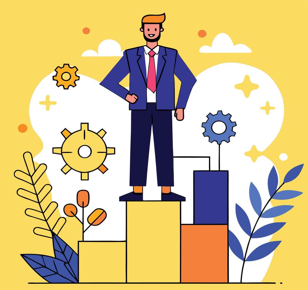 Smiling Caucasian man confidently standing atop a vibrant graphical bar chart illustration vector