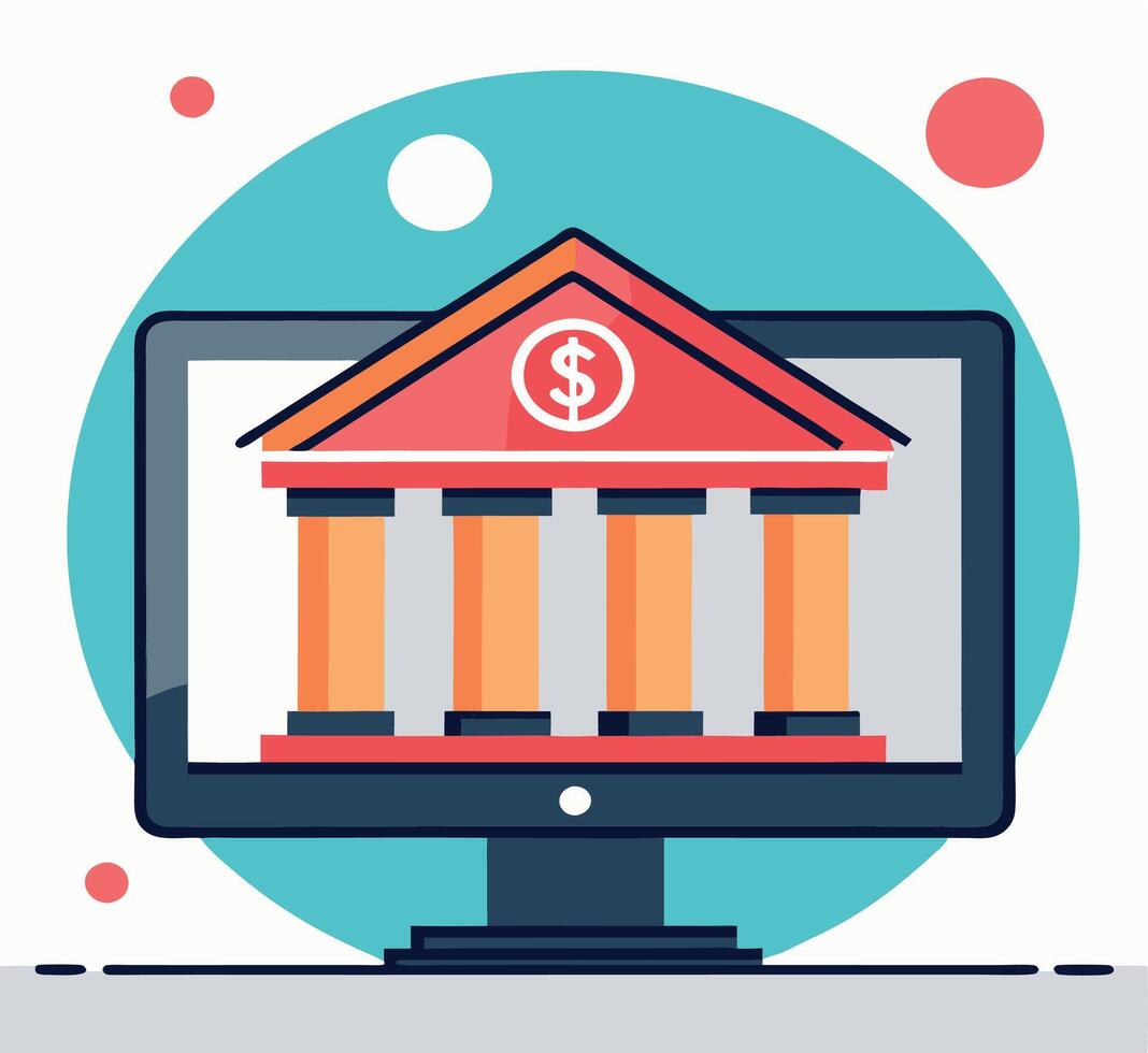 Minimalist red bank building is seen on a black monitor screen floating in space vector