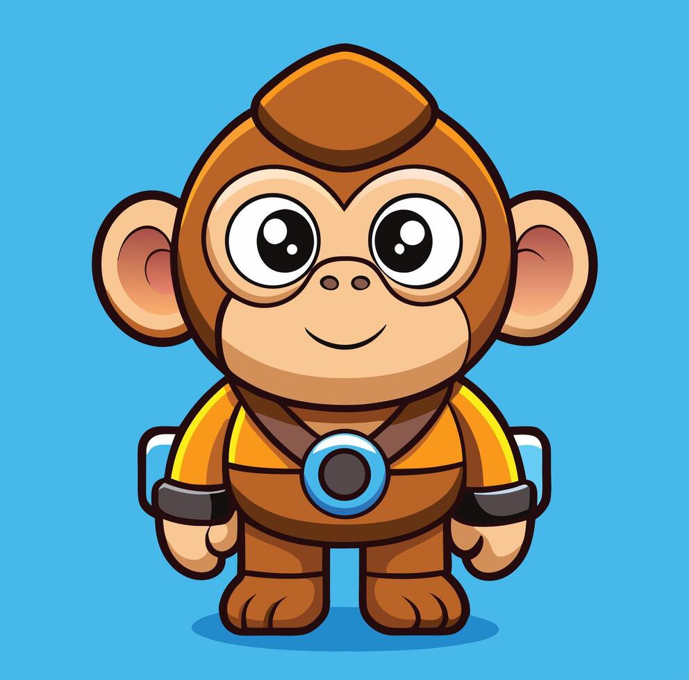 Cartoon monkey character with bright eyes and space suit stands against a blue backdrop vector