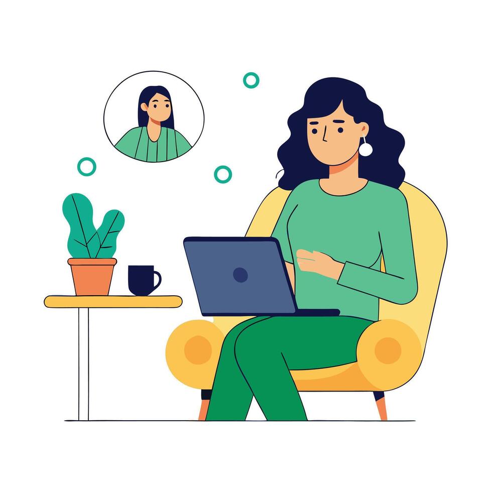 Young woman calls using her laptop while seated comfortably in a yellow chair vector