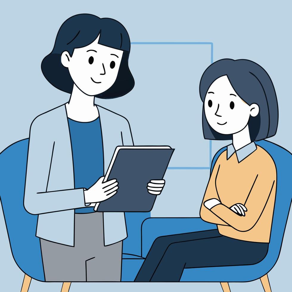 Smiling woman sits on the chair while female professional shows her the report vector