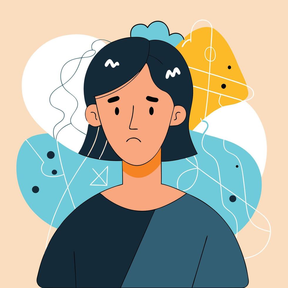 Sad young woman conveys a gloomy mood with geometric abstract shapes surrounding her portrait vector