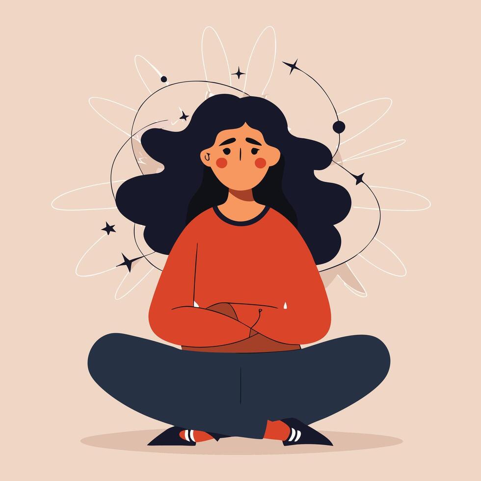Flat illustration portrays a young woman meditating in a crosslegged seated pose vector