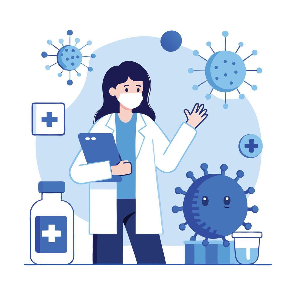 Masked doctor waves while standing near covid virus and medicine on a white backdrop vector