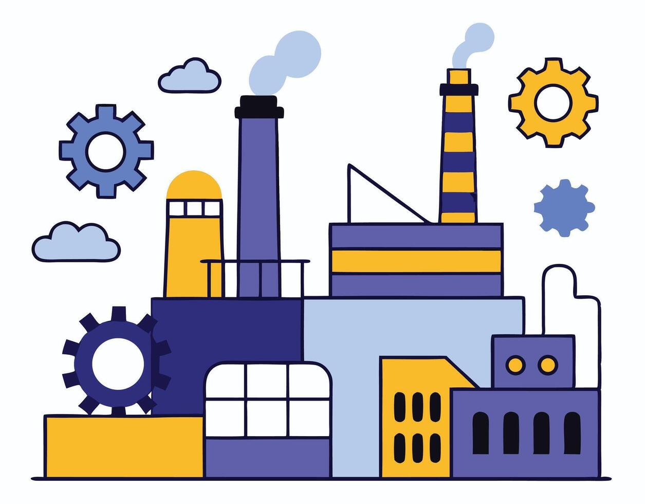 A flat cartoon factory emits smoke alongside gears, clouds, against white background vector