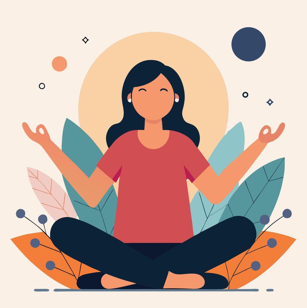 Serene faceless woman meditates in the lotus position surrounded by stylized leaves and geometric shapes vector