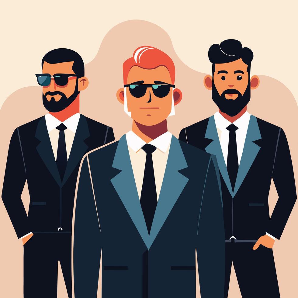 Three serious men with beards and sunglasses pose in dark suits on beige background vector