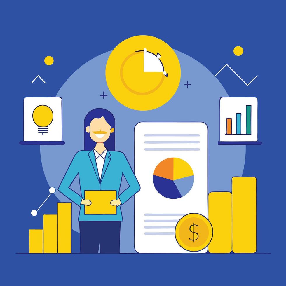 Smiling professional woman holds folder amidst increasing charts and graphs on blue background vector