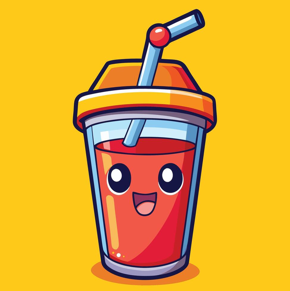 Adorable juice container smiling with straw inside on yellow background makes for cheerful cartoon vector