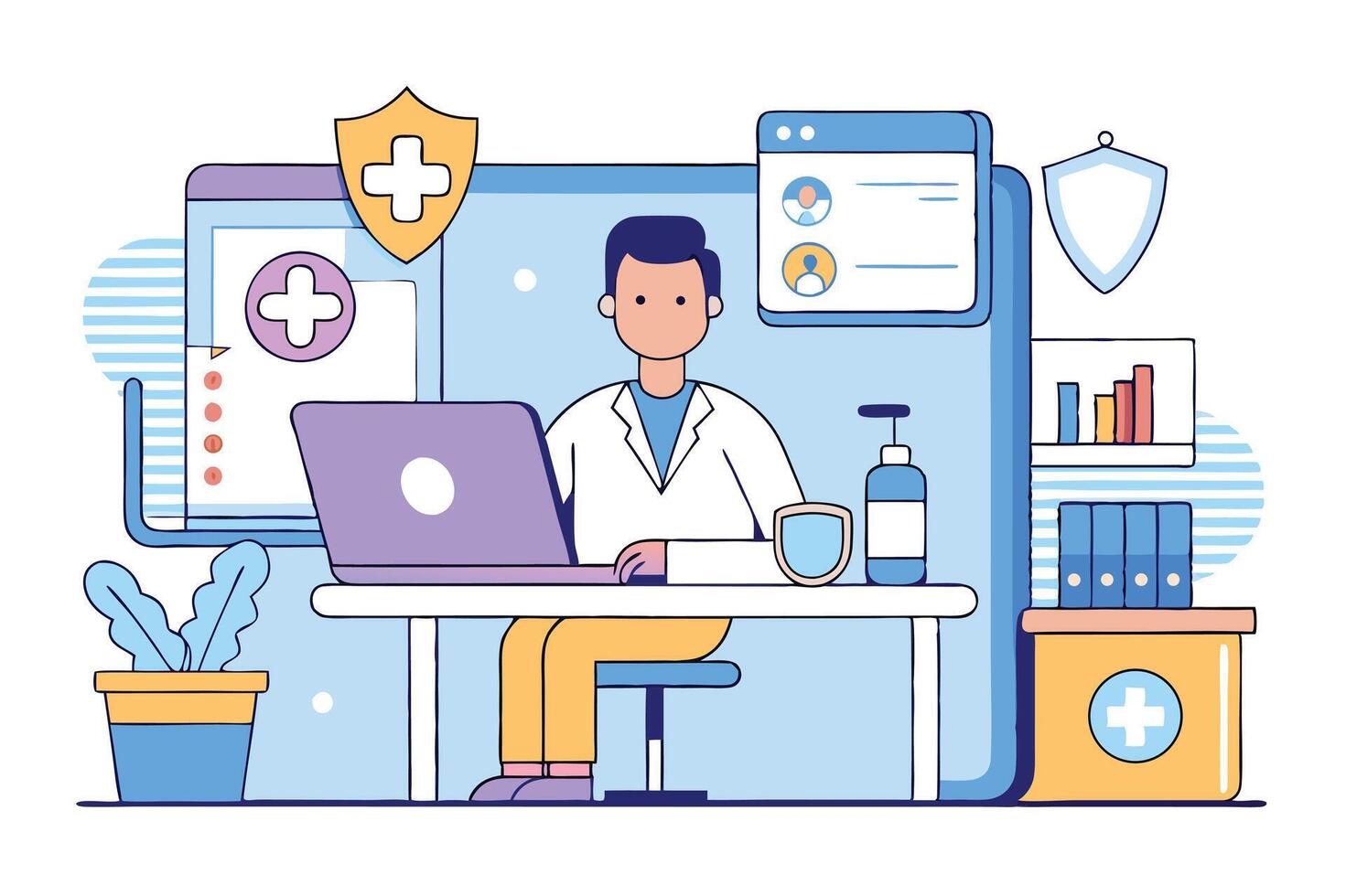 Asian doctor works on laptop while seated at desk in virtual office space vector