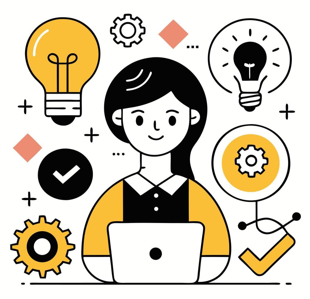 Animated professional appears before a laptop surrounded by signs of success and business concepts in transparent background vector