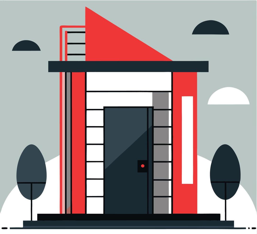 Geometric house facade displays red architectural detail and simple nature in a minimal composition vector
