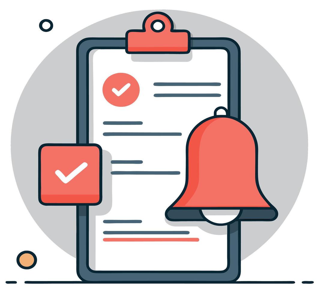 Red bell and checkmark symbols decorate the gray clipboard in illustration vector