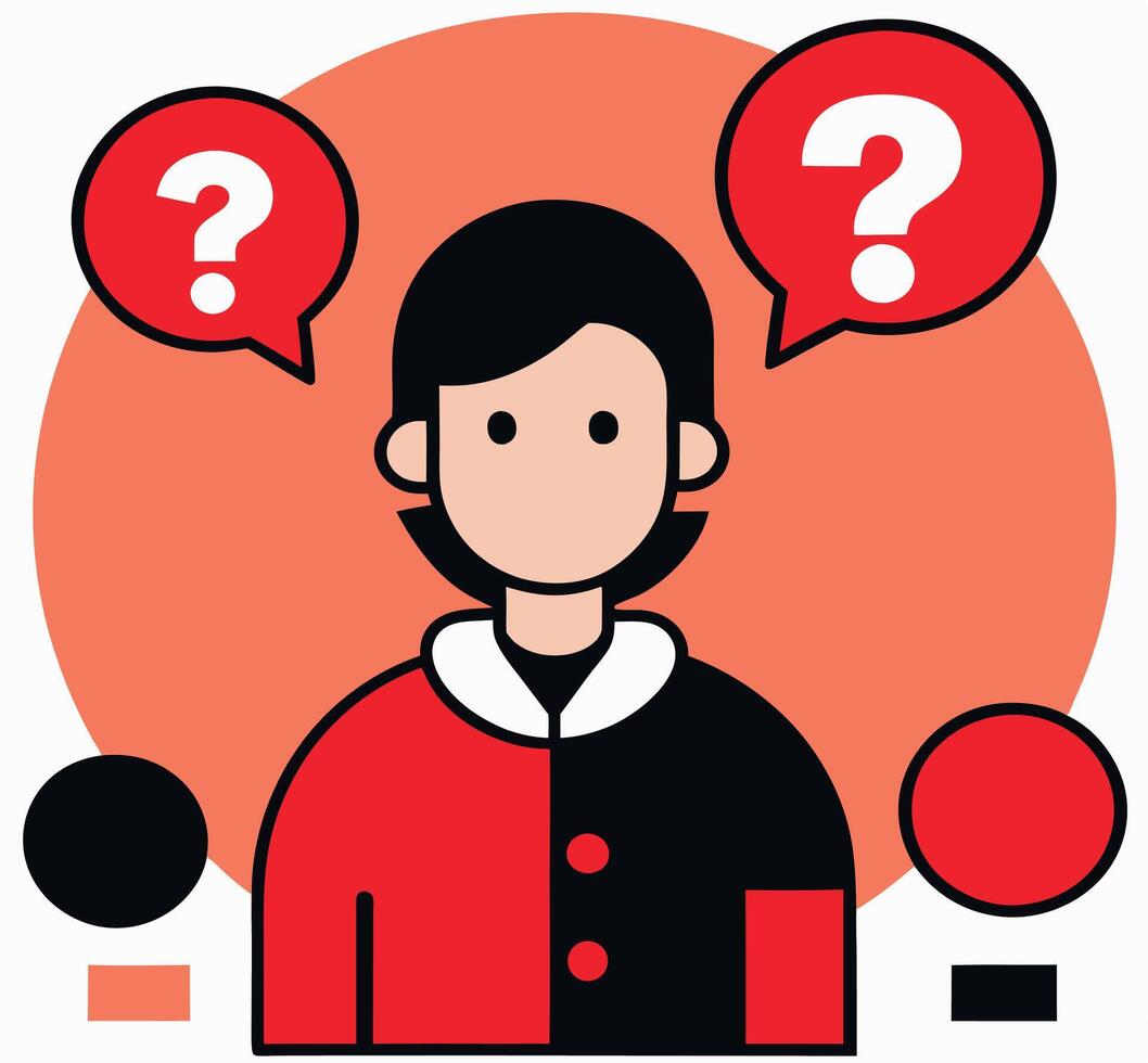 Animated woman faces red question marks, she seems unsure with many queries vector