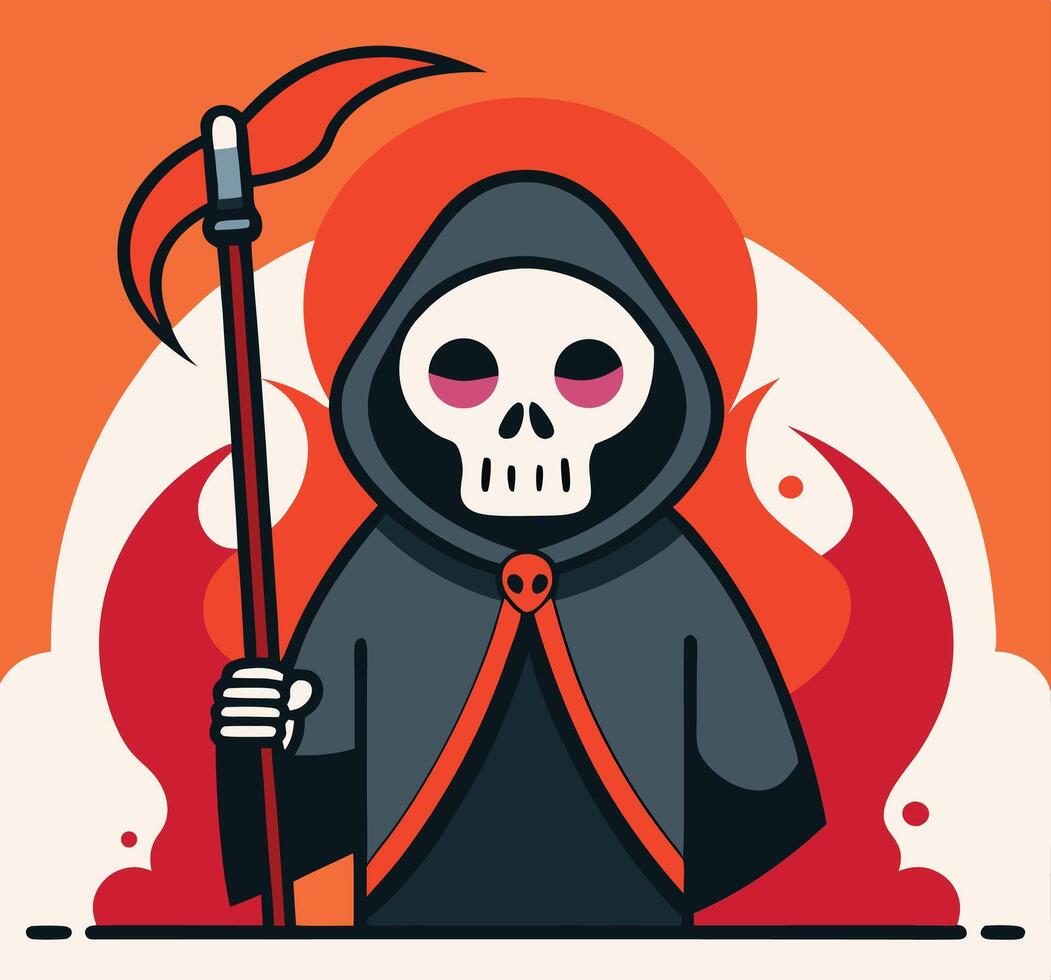 Cartoon grim reaper with pink eye sockets holds a scythe, set against a fiery backdrop vector