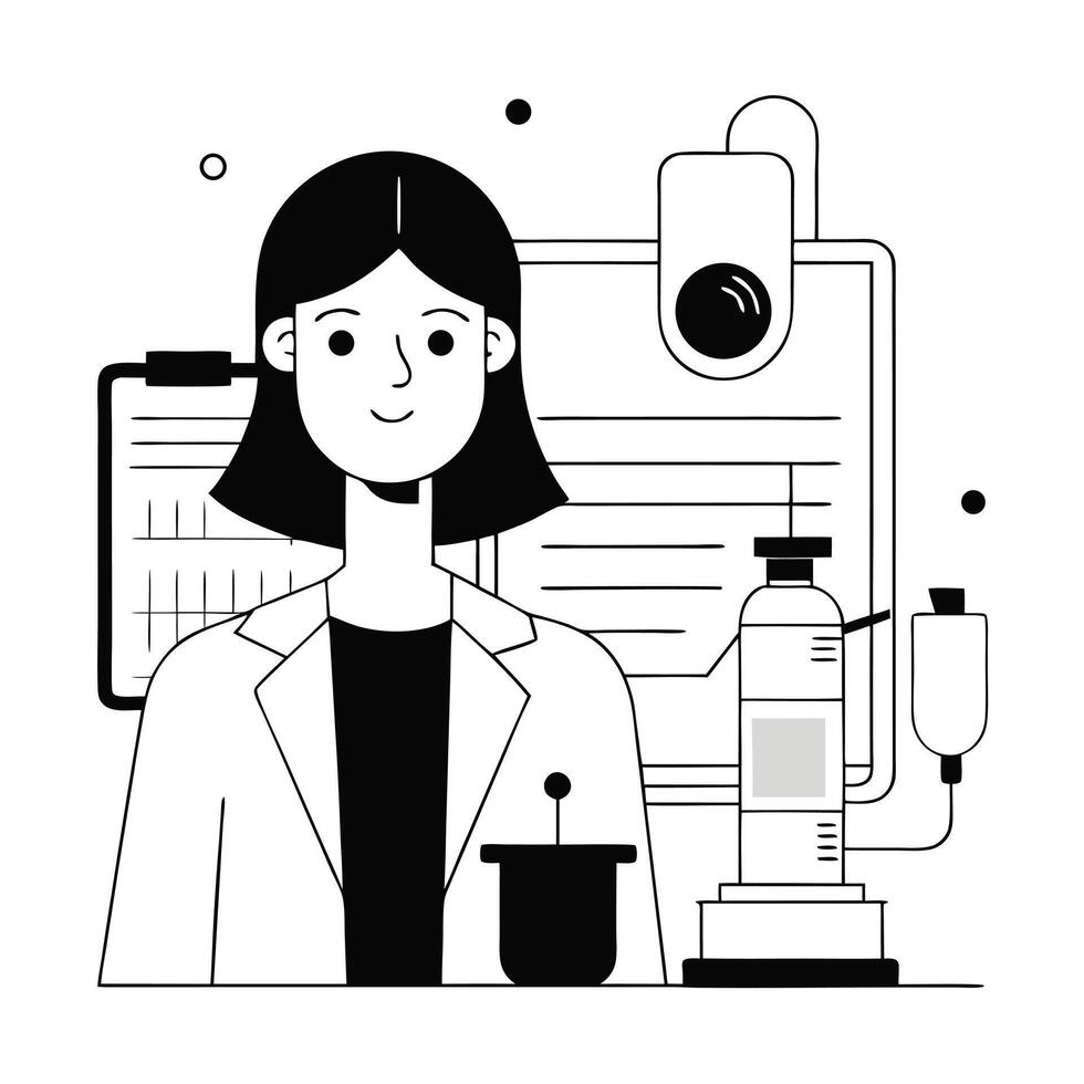 Smiling young scientist wearing a lab coat stands behind scientific equipment in black and white vector