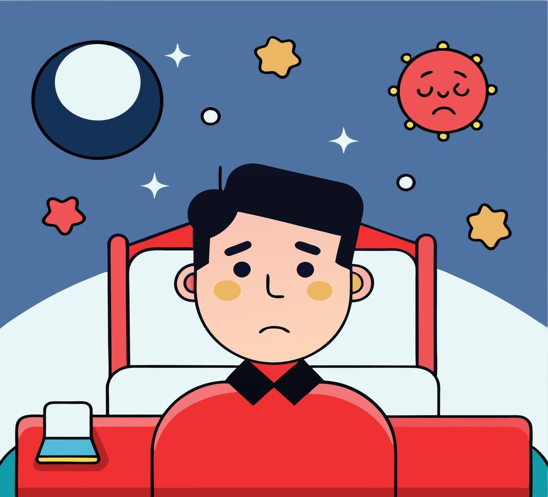 Under starlit skies, a sad cartoon man lies awake in his red bed vector