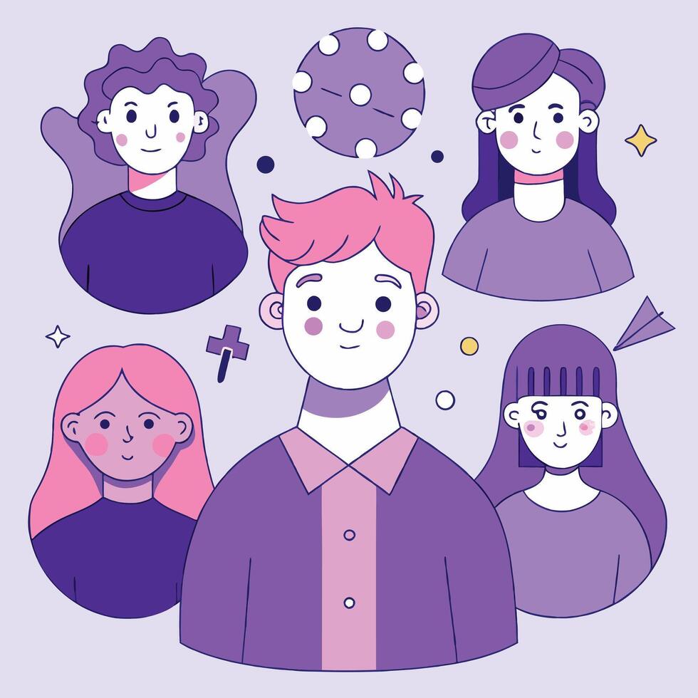 Diverse young people with soft features smile amidst geometric shapes on a light backdrop vector
