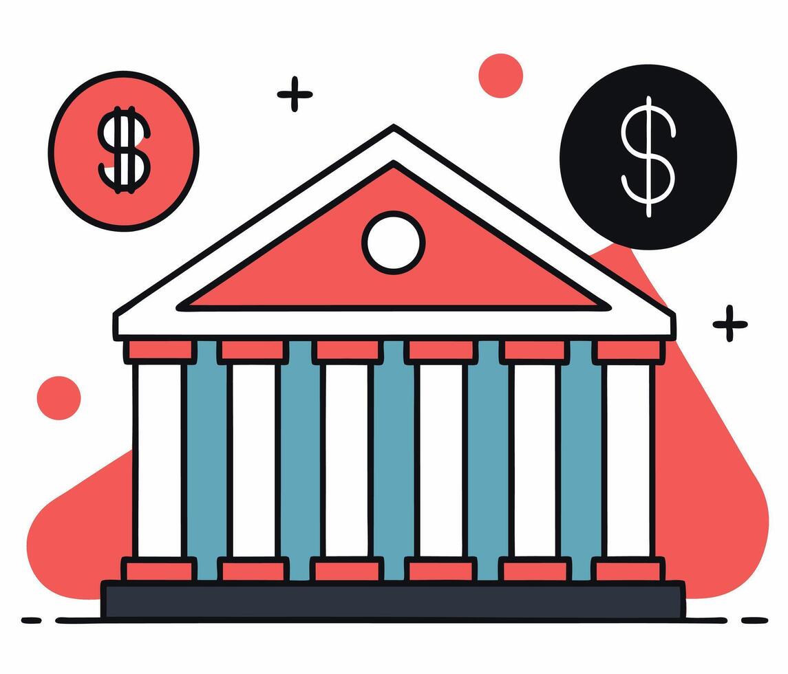 Greek temple style building with money symbols and abstract shapes stands alone vector
