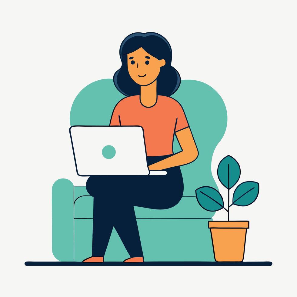 Smiling woman with dark hair uses laptop while seated next to a plant vector