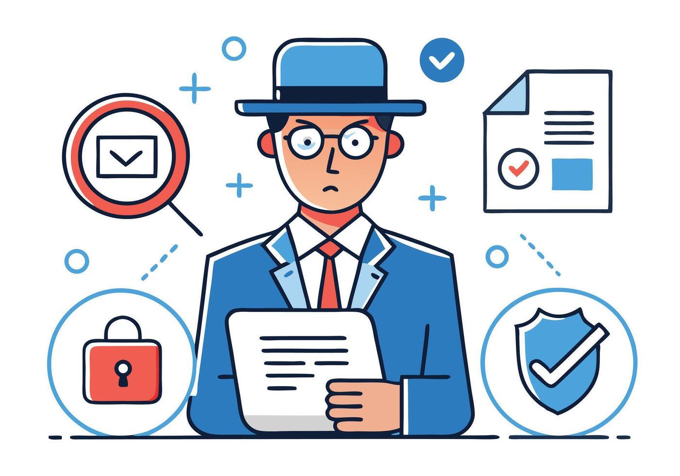 Cartoon man with document surrounded by lock, shield and other security icons vector