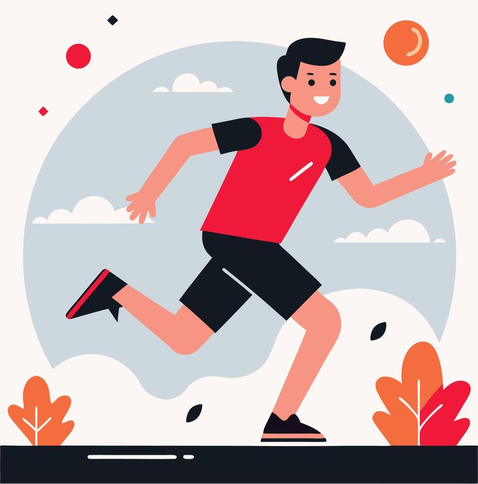Happy Asian man wearing sportswear is jogging outdoors in a stylized abstract scenery vector
