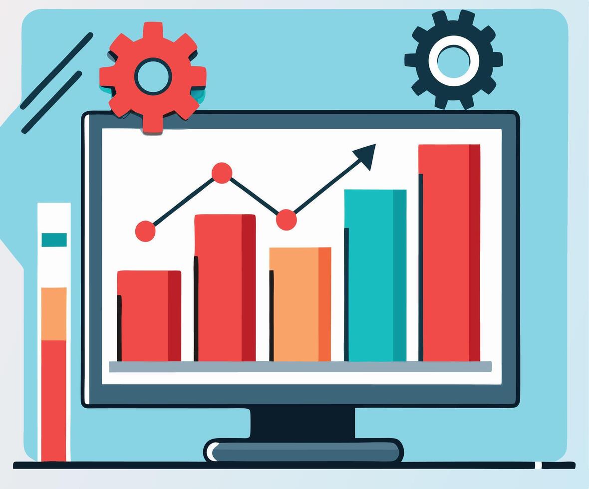 Monitor displays an upward trending chart with gears, suggesting performance improvement and automation vector