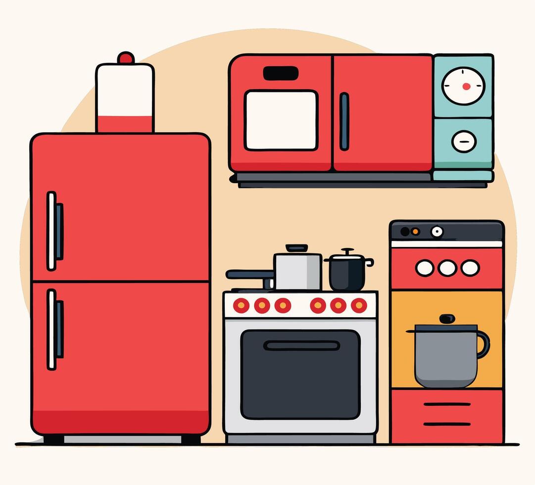 Red refrigerator, microwave, oven, and coffee maker stand neatly inside a cozy kitchen space vector
